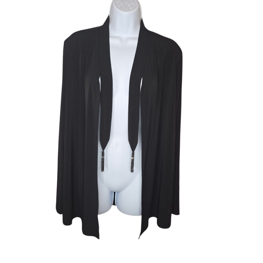 Susan Graver Liquid Knit Cardigan L Black Tassel Open Front Duster NWOT A278866
